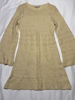 Rihoas Cream Crochet Long Bell Sleeve Mini Dress